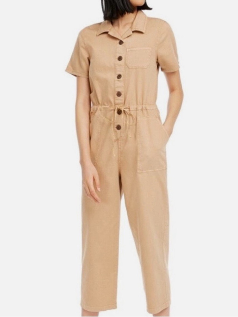 OAT New York Tan Khaki Utility Cargo Short Sleeve Tie Waist Jumpsuit Size XS